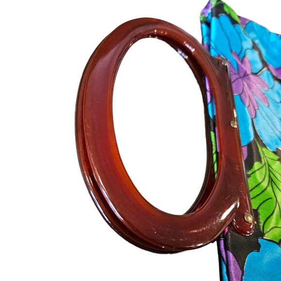 Vintage 60s Satin Foldable Tote Lucite Handle Retro Floral Purse Converts Clutch - Picture 3 of 15